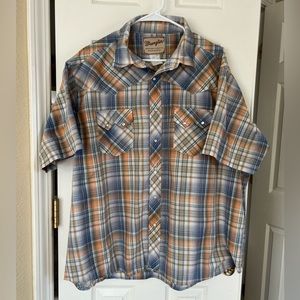 𝅺wrangler Western Plaid Pearl Snap Down Short Sleeve Shirt